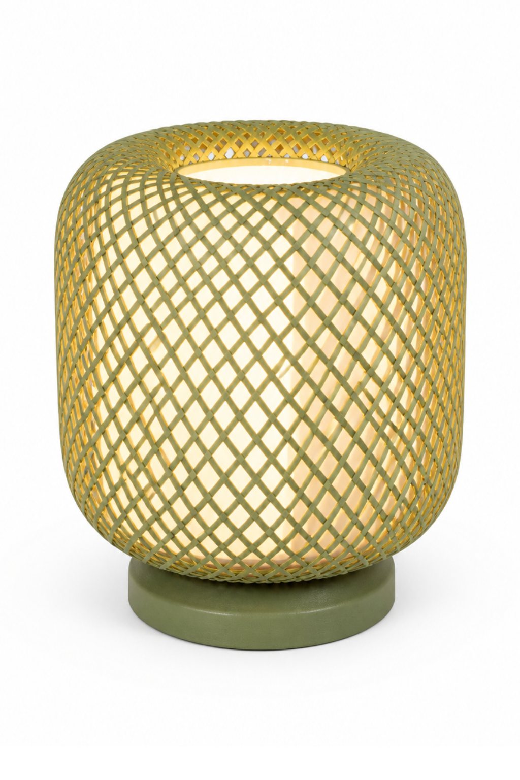 An olive printed lattice lantern on a matching base