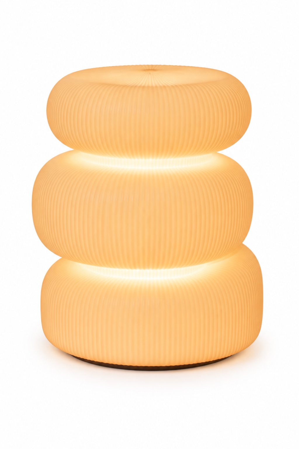 Three stacked ribbed white printed forms, light escaping between them