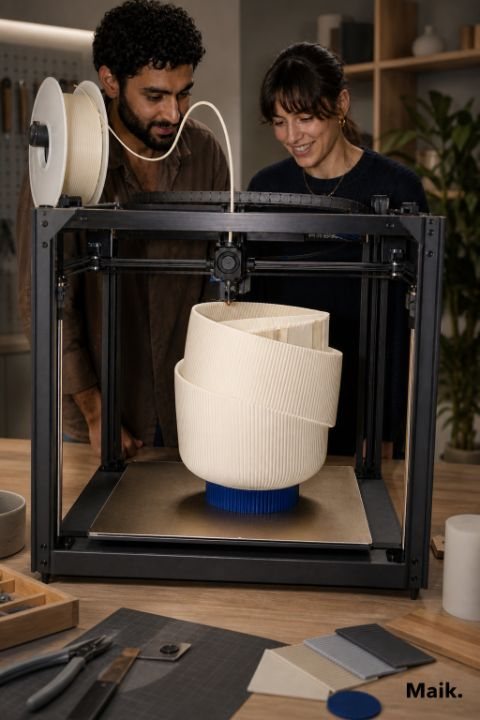 Two makers watching a ribboned lamp print