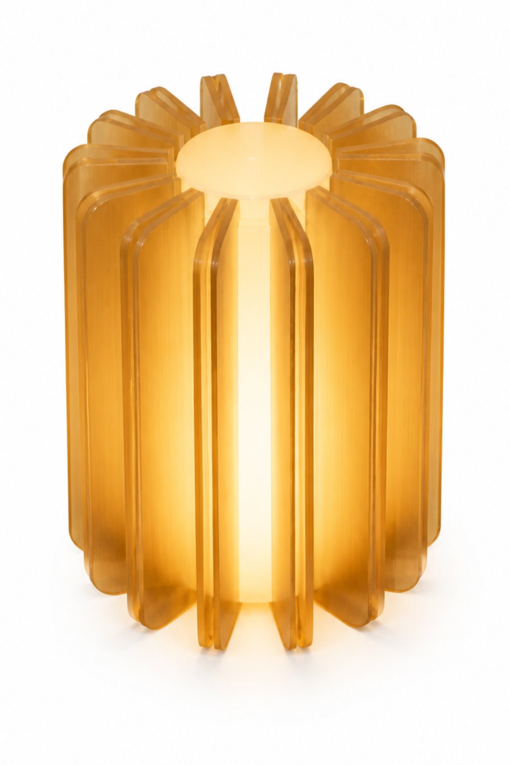 An amber fluted printed lamp with a lit core