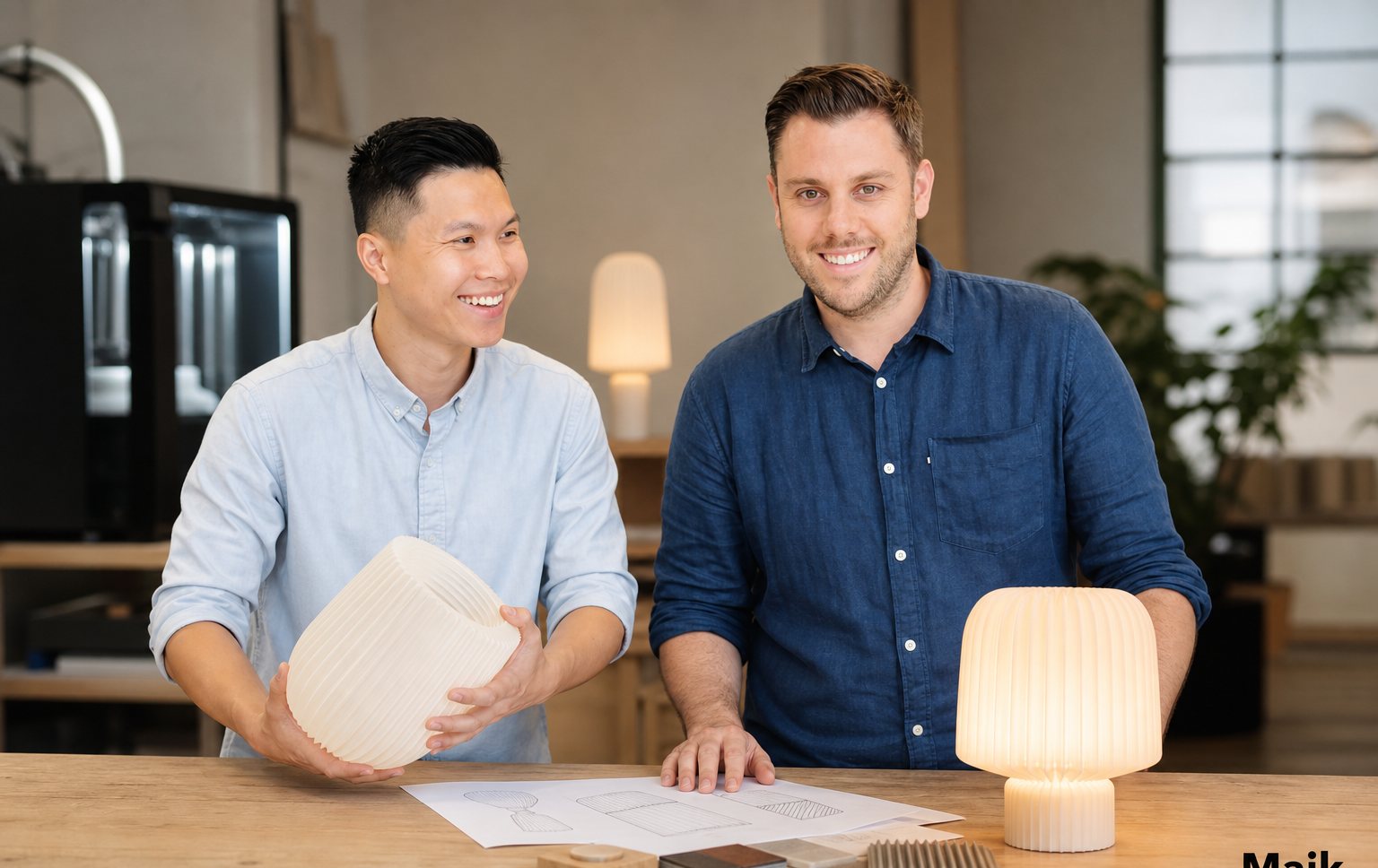 The two founders at the studio bench in South Yarra, drawings and material samples in front of them and a printer running behind