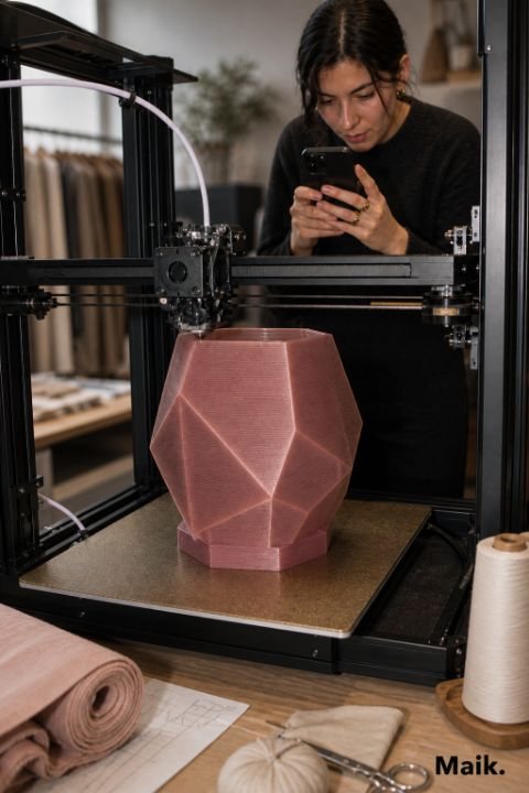 A faceted pink lamp finished on the print bed