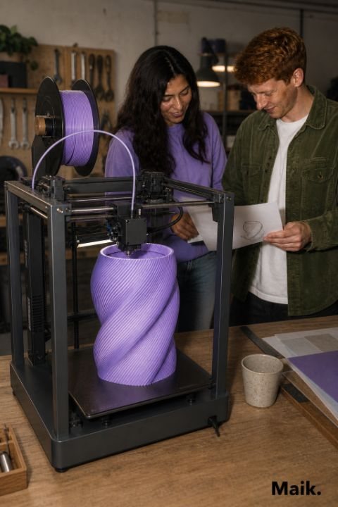 A twisted lilac lamp printing on the studio machine