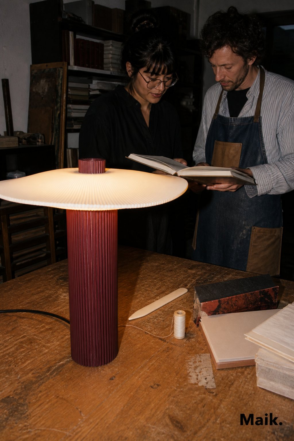 Flute lamp lit on a bookbinder's bench